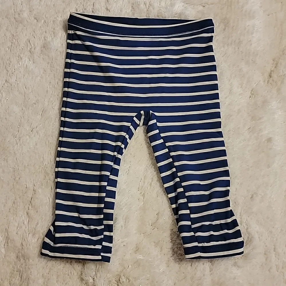 MINI BODEN NAVY WHITE STRIPED SWIM PANTS RASHGUARD, SIZE 6-7 YEARS